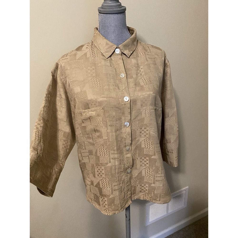 Chico's Design Tan Silk Linen Blend Button Up Shirt Size 2 Large s63